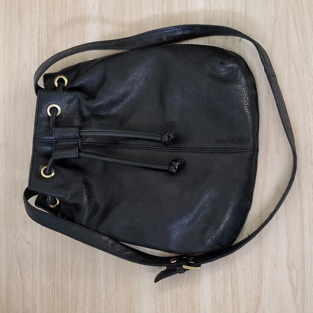 Leather Black Shoulder Drawstring Bag